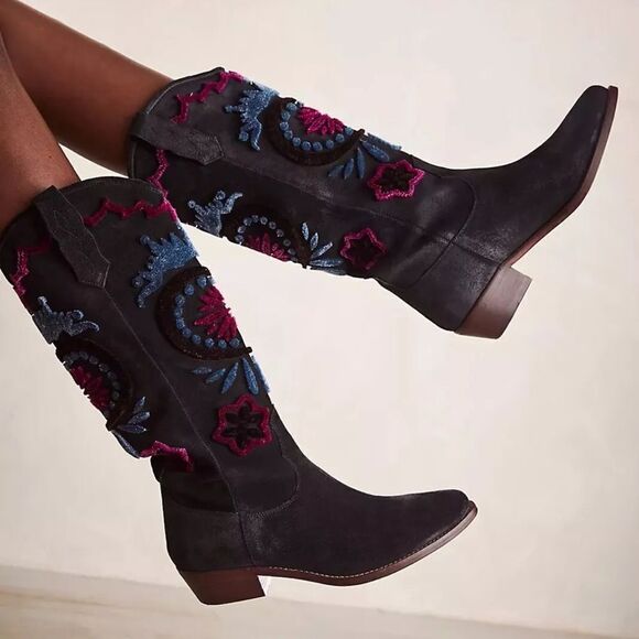 Free People Roundhouse Stitch Boot in Black Multi Western Festival - Picture 1 of 2